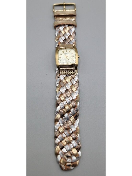 Vintage Fossil Ladies JR9017 Square Watch Date Window Woven Leather Band  8\